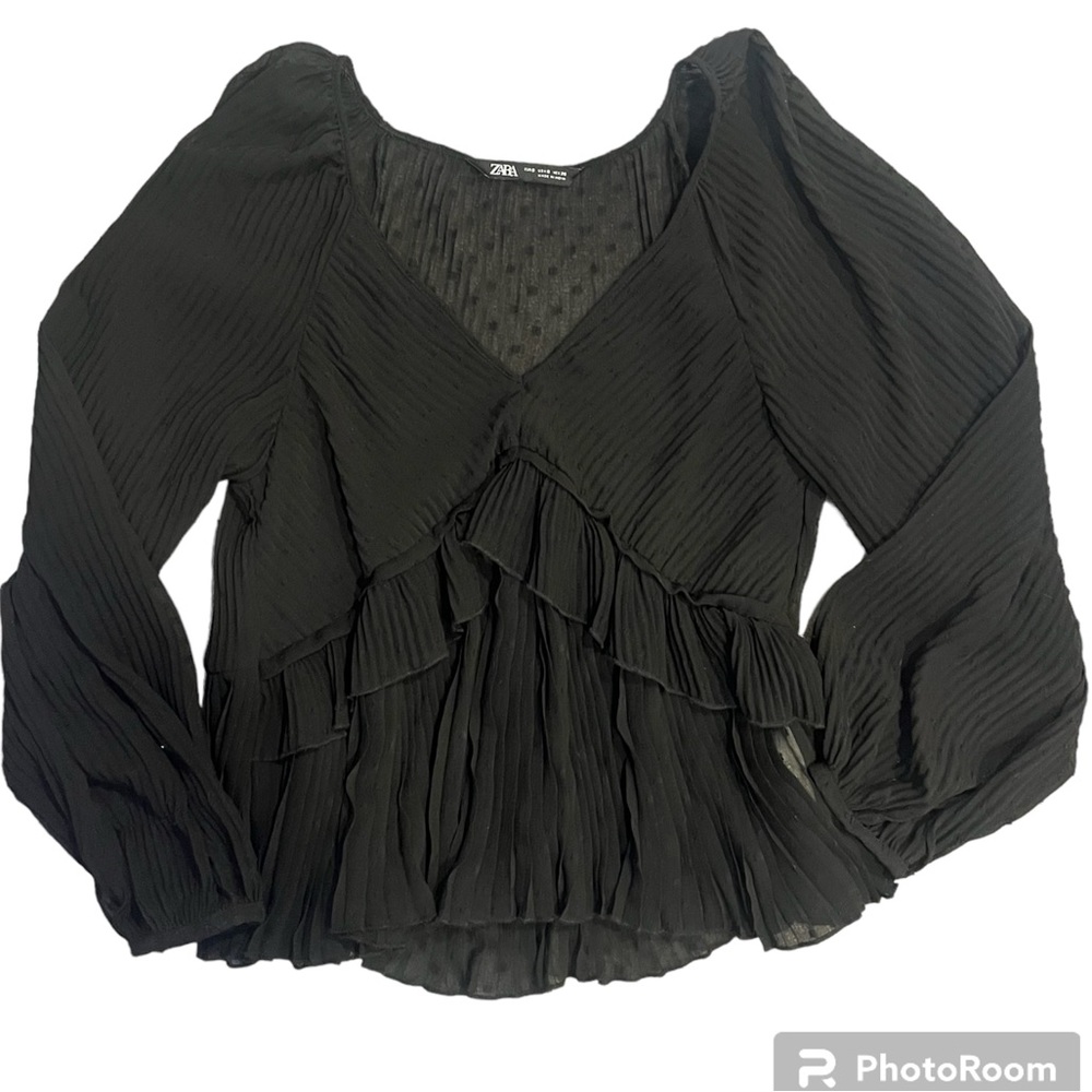 Zara Black Pleated Ruffle V-Neck Blouse